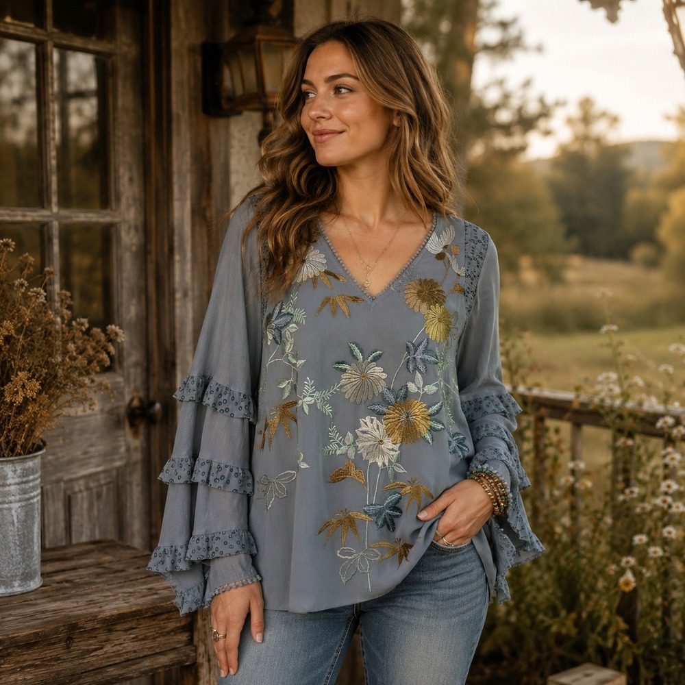 Tiny Womens Embroidered Floral Boho Top Sz L Sheer Ruffle Sleeve Cottage Boho